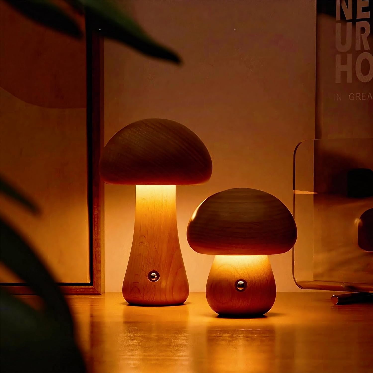 Mushroom Lamp Mushroom Decor:Mushroom Night Light 3 Colors Adjustable Brightness,Wooden Mushroom Light for Bedroom, Living Room and Office Decoration,Rechargeable (A)