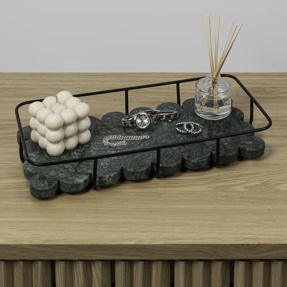 happimess Monarch 12" x 6" Modern Industrial Metal/Marble Scalloped Base Vanity Tray, Green/Black
