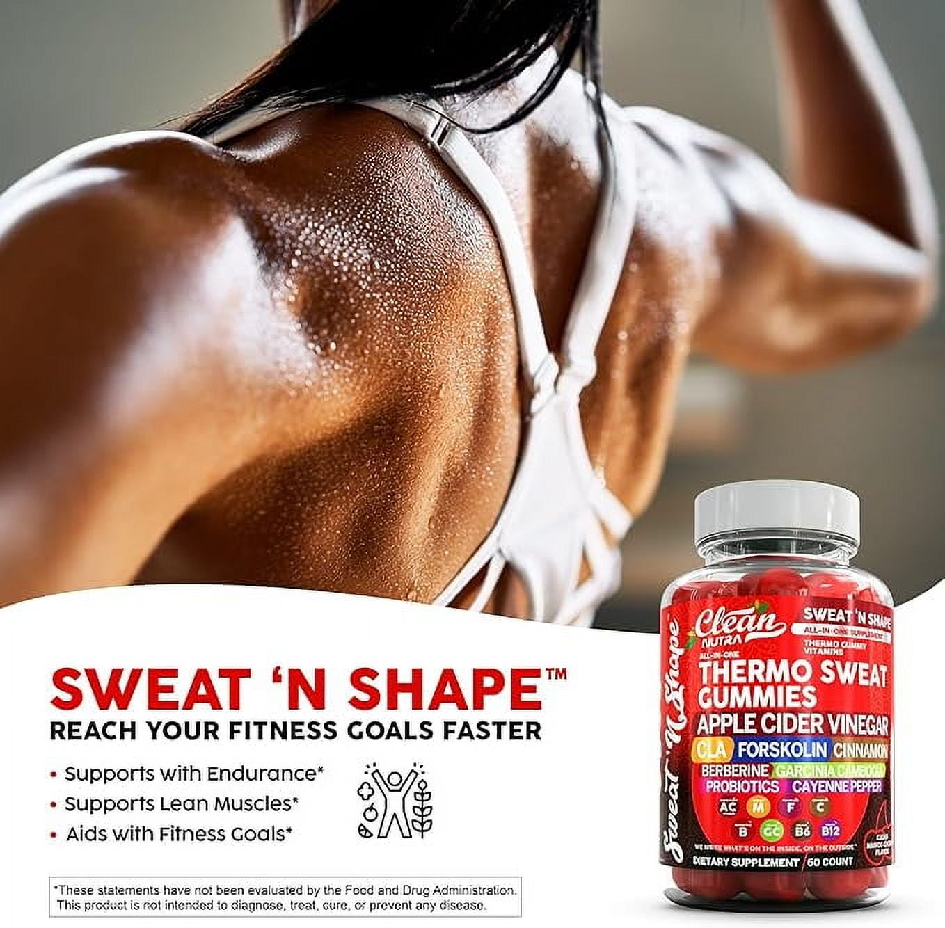 Sweat N' Shape Gummies | Apple Cider Vinegar CLA Forskolin Cinnamon Berberine Garcinia Cambogia Probiotics Cayenne Pepper Vitamin B12 Vitamin A Vitamin C Vitamin D Vitamin B6 Boron by Clean Nutra