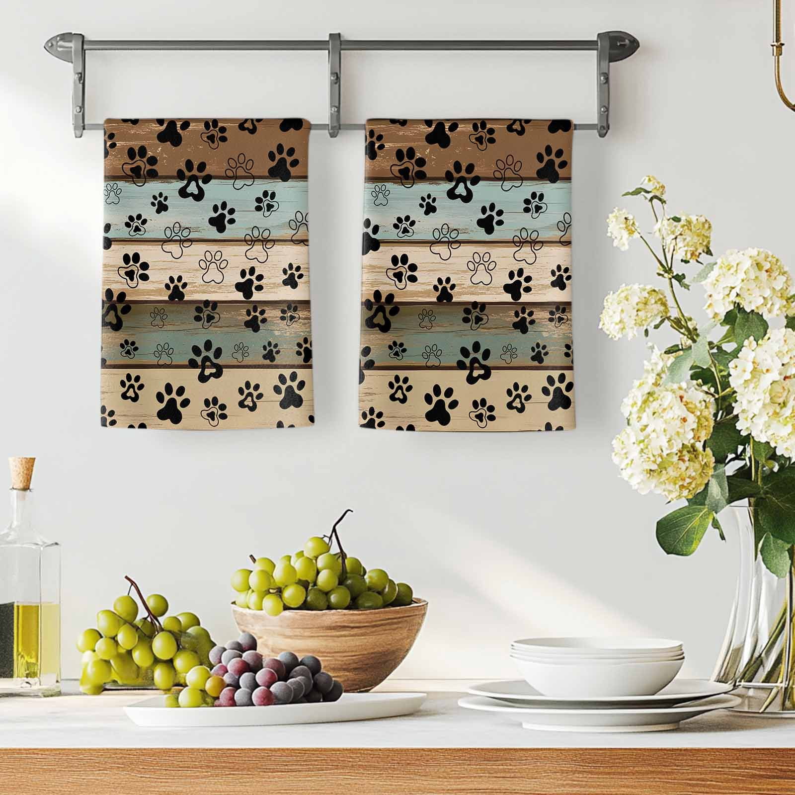 Dog Paws Printed Kitchen Towels Set of 2, Vintage Teal Brown Wooden Farmhouse Soft Microfiber Dish Towels, Absorbent Quick-Dry Washable Dishcloths for Kitchen Cleaning, Drying Dishes, 18x28 Inches