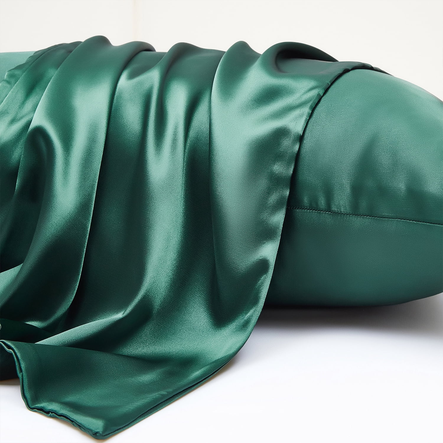 HIG Cooling Curved Pillow Cases 2 Pack Queen - Silky Soft Stretch Satin Pillow Shams, Dark Green - 20x30 Inches