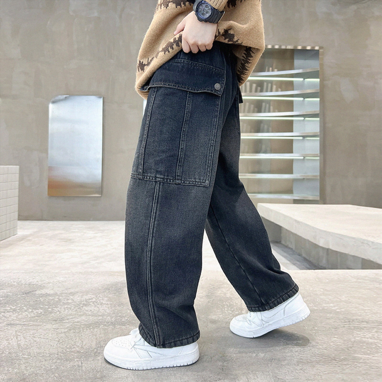 kpoplk Boys Y2K Baggy Jeans Vintage Wide Leg Denim Pants Relaxed