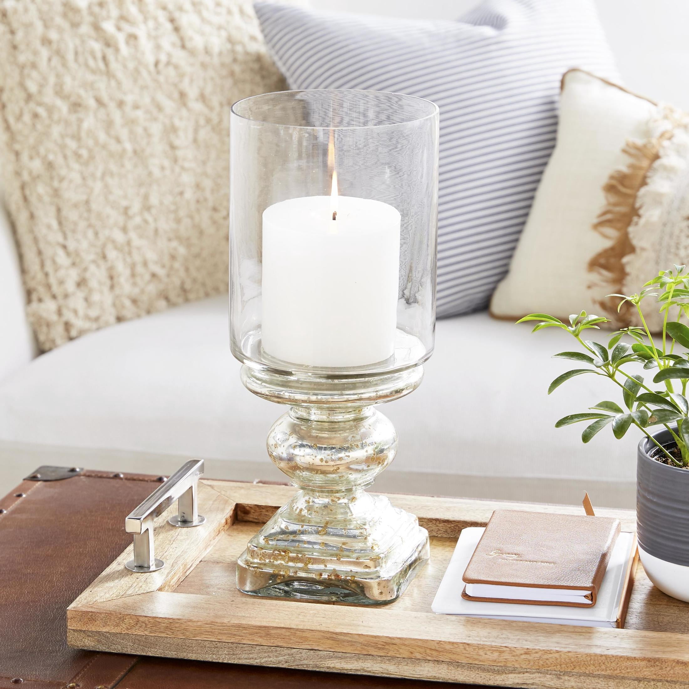DecMode Silver Glass Handmade Turned Style Pillar Hurricane Lamp with Faux Mercury Glass Finish