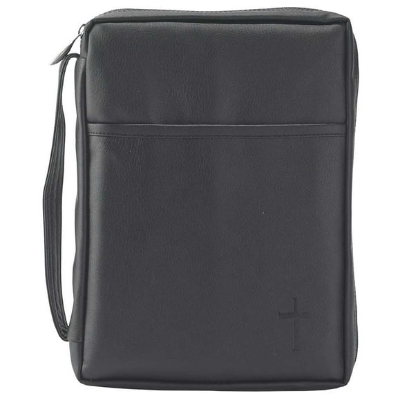 Black Outer Pocket Leather Like Vinyl Bible Cover Case with Handle Large