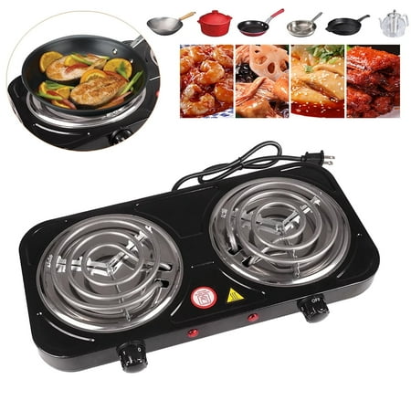 2000W Portable Electric Double Burner, Electric Hot Plate Kitchen Cooktop Cooking Stove Frying Pan and Easy to Clean for Home or Dorm, 5 Adjustable Temperatures, Black