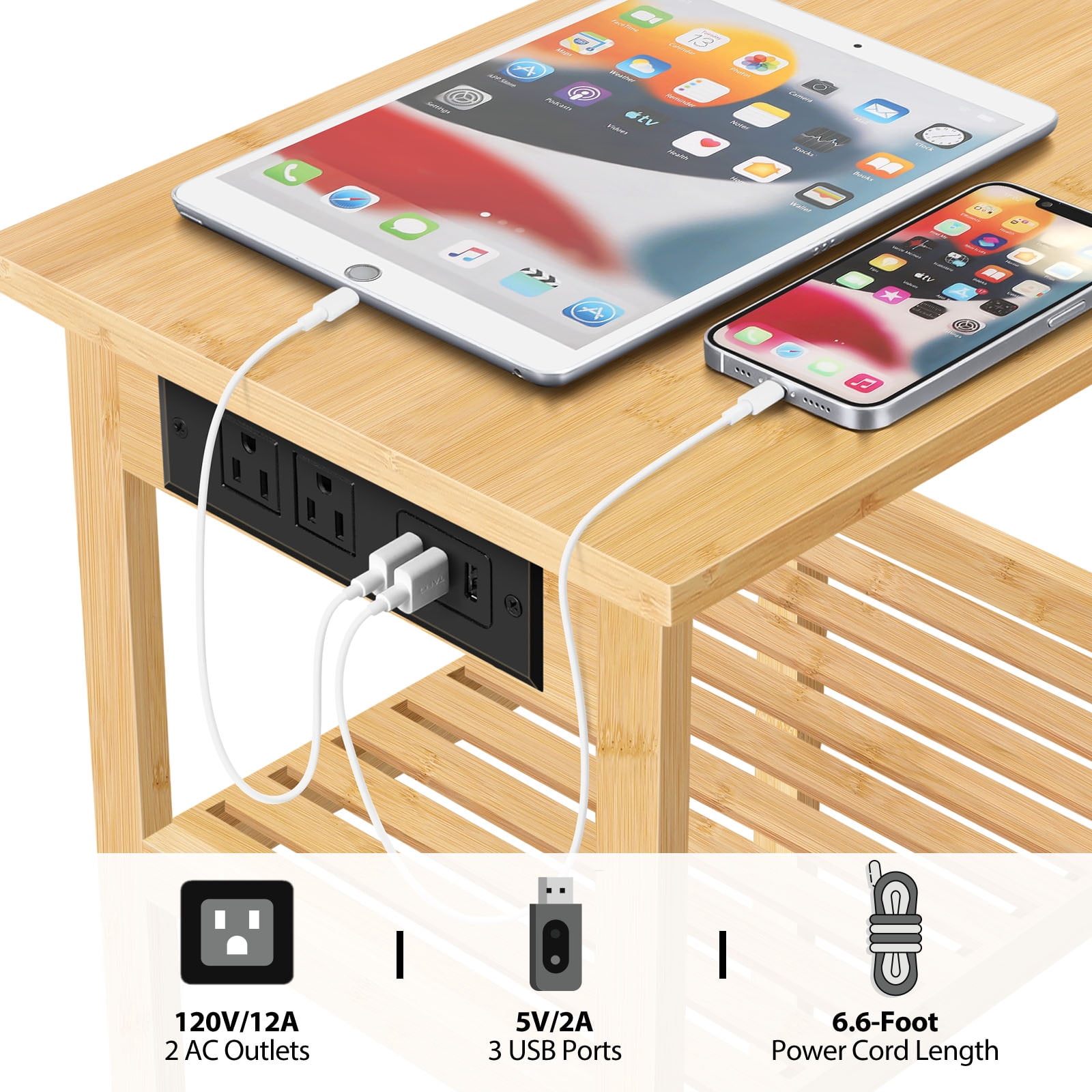 2 Pack Wood Bamboo Nightstand with Charging Station, 3鈥慣ier Open Shelf End Table for Bedroom Living Room
