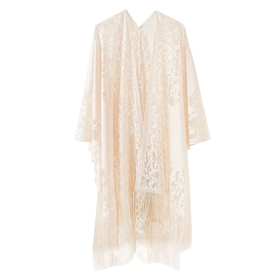 DHFJKG Womens Lace Bathing Suit Cover Up Floral Mesh Sheer Tassels Hem Long Sleeve Mid Length Cardigan Trendy Beachwear