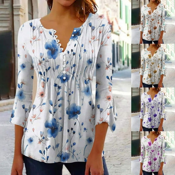 CYMMPU Spring Tops Button V Neck Flare Sleeve Floral Pattern 3/4 Sleeve Loose Fit Fall Trendy Shirts Blouses for Women Dressy Casual Tunic Tops Empire Waist A Line T-Shirts L