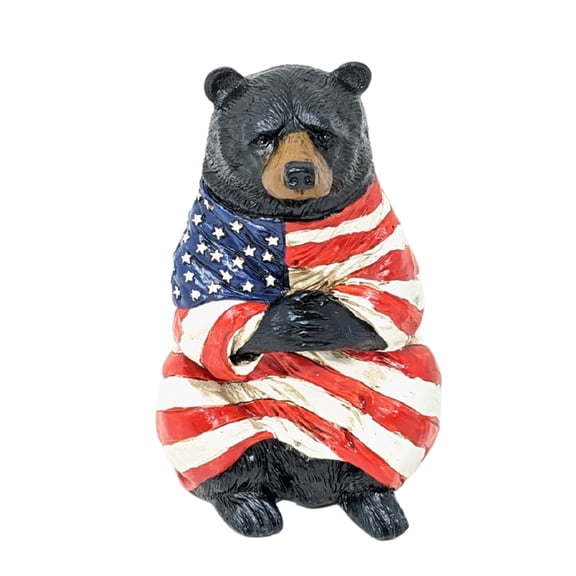 Resin Patriotic Black Bear Figurine Wrapped in American Flag - Rustic Cabin USA Decor, Woodland Animal Sculpture for July 4th Lodge Style Home, Unique Memorial Day Gift for Vets