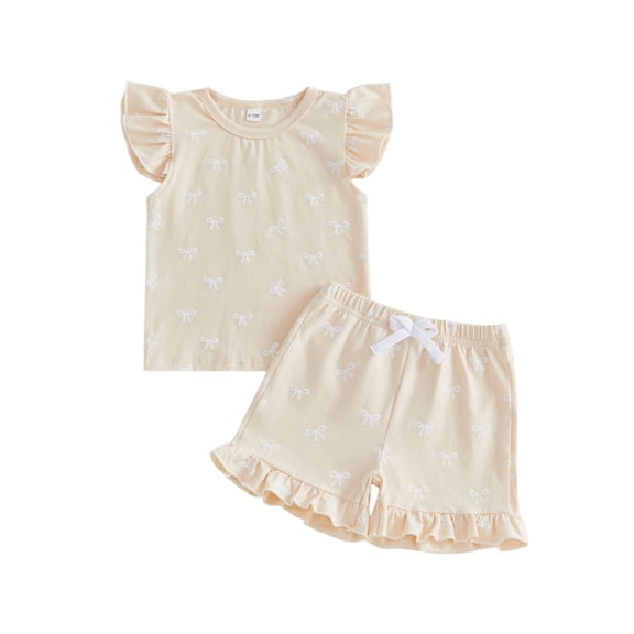 BemeyourBBs Toddler Baby Girl Summer Outfit Bow Print Ruffled Trim Crew Neck Flying Sleeve Shirt Tops and Shorts Set 2Pcs Baby Girl Summer Clothes