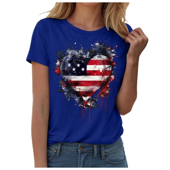 TOWED22 American Flag Patriotic T-Shirt Women 4th of July Gift Shirt USA Flag Stars Stripes Graphic Short Sleeve Casual Tops(Blue,M)