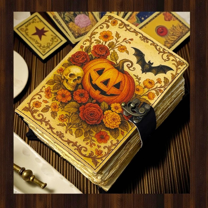 Pumpkin Leather Journal – Halloween Witchy Grimoire Notebook, Handmade 5x7 Inch Journal, 200 Deckle Pages, Wiccan Pagan Spellbook