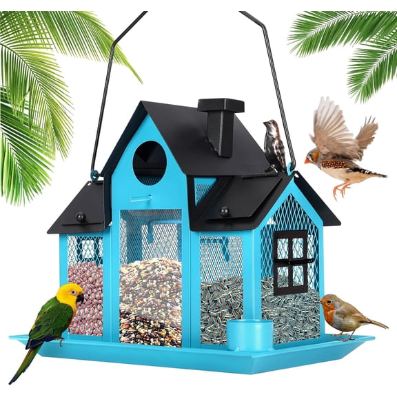 Solar Bird Feeders House for Outside Hanging, Metal Wild Bird Feeder for Outdoors Large Capacity Cardinal Birdfeeder Birdhouses Metal Bird Feeding Station Blue