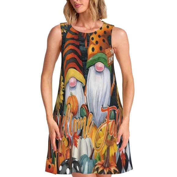 Bixox Welcom Fall Print Women's Sleeveless A-Line Dress with Pockets, Casual Knee-Length Tank Dress for Summer-Medium