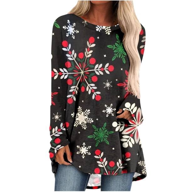 Camiseta de manga larga con cuello redondo y estampado navideño para mujer Pompotops qwe24355