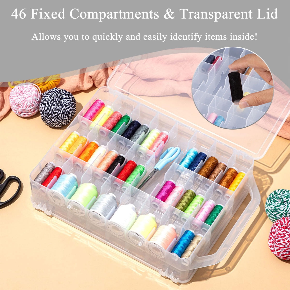 Sewing Box Organizer Double Sided Thread Box Storage Clear Plastic Organizer Box for Embroidery and Sewing Threads Craft Storage Box 46 Grids