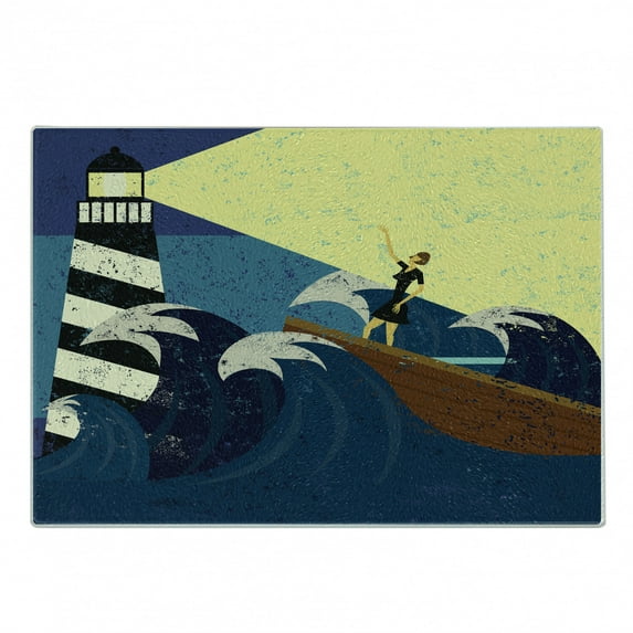 Lighthouse Cutting Board, Grunge Abstract Art of a Mysterious Woman in a Boat Sea Storm, Decorative Tempered Glass Cutting and Serving Board, Small Size, Dark Blue Yellow Brown, by Ambesonne