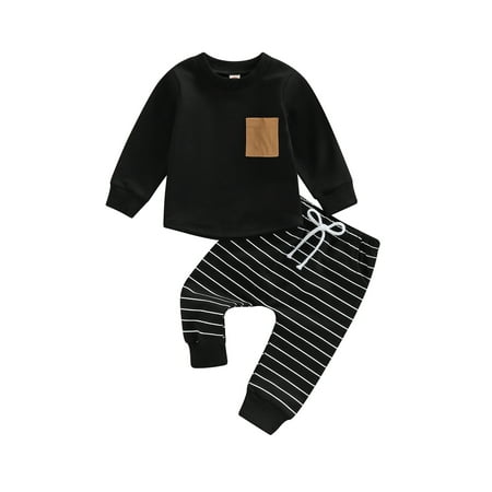 

Bagilaanoe 2pcs Toddler Baby Boy Long Pants Set Long Sleeve T Shirts Tops + Stripe Print Trousers 6M 12M 18M 24M 3T Kids Casual Outfits