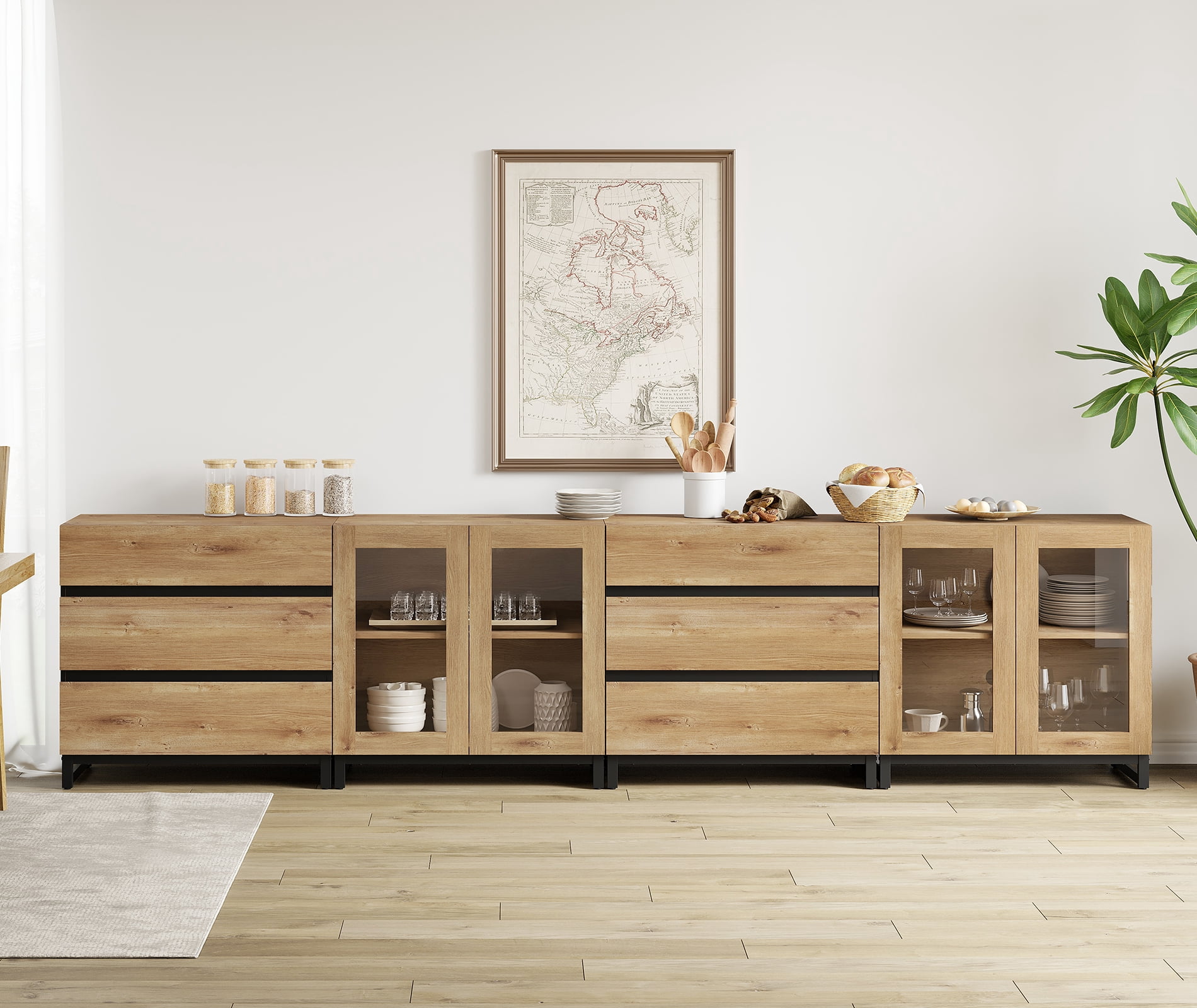 4-In-1 Multifunctional Sideboard Buffet with 6 Drawers, Modern Glass Door Credenza with Adjustable Shelf & Metal Base, Freestanding Coffee Bar Storage Cabinet for Kitchen Living Room,Oak