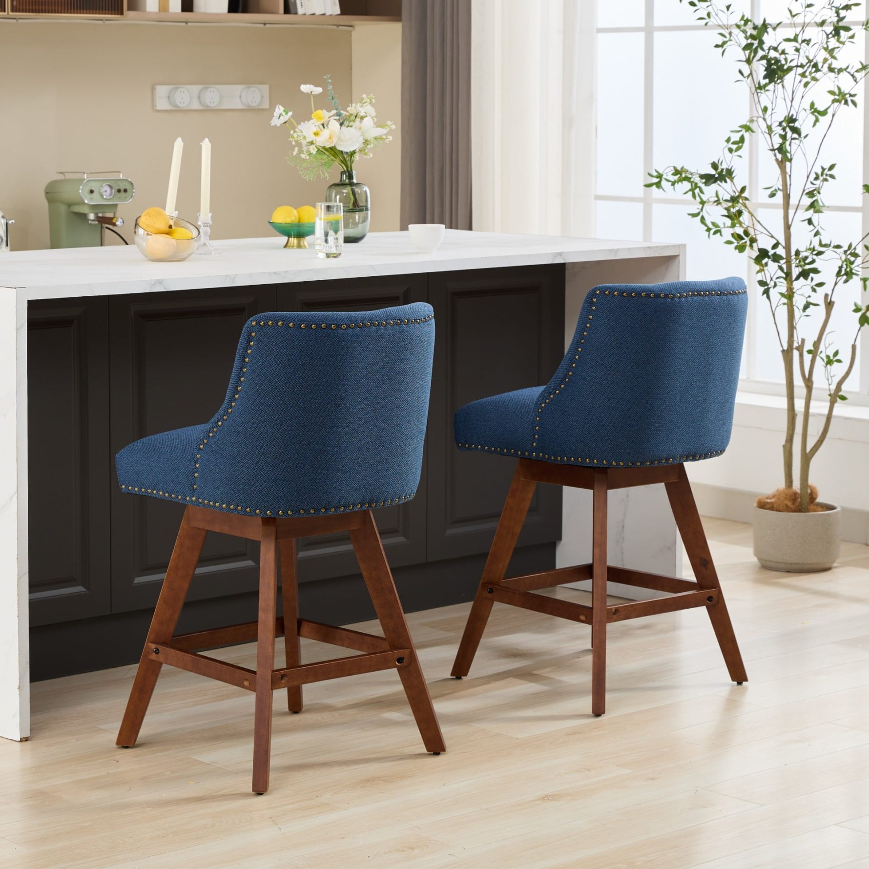 Swivel Bar Stools Set of 2, 26" Counter Height Bar Stools with Back & Footrest, Upholstered Kitchen Island Chairs with Built-in Nailhead Trim for Home Bar, Pub, Blue