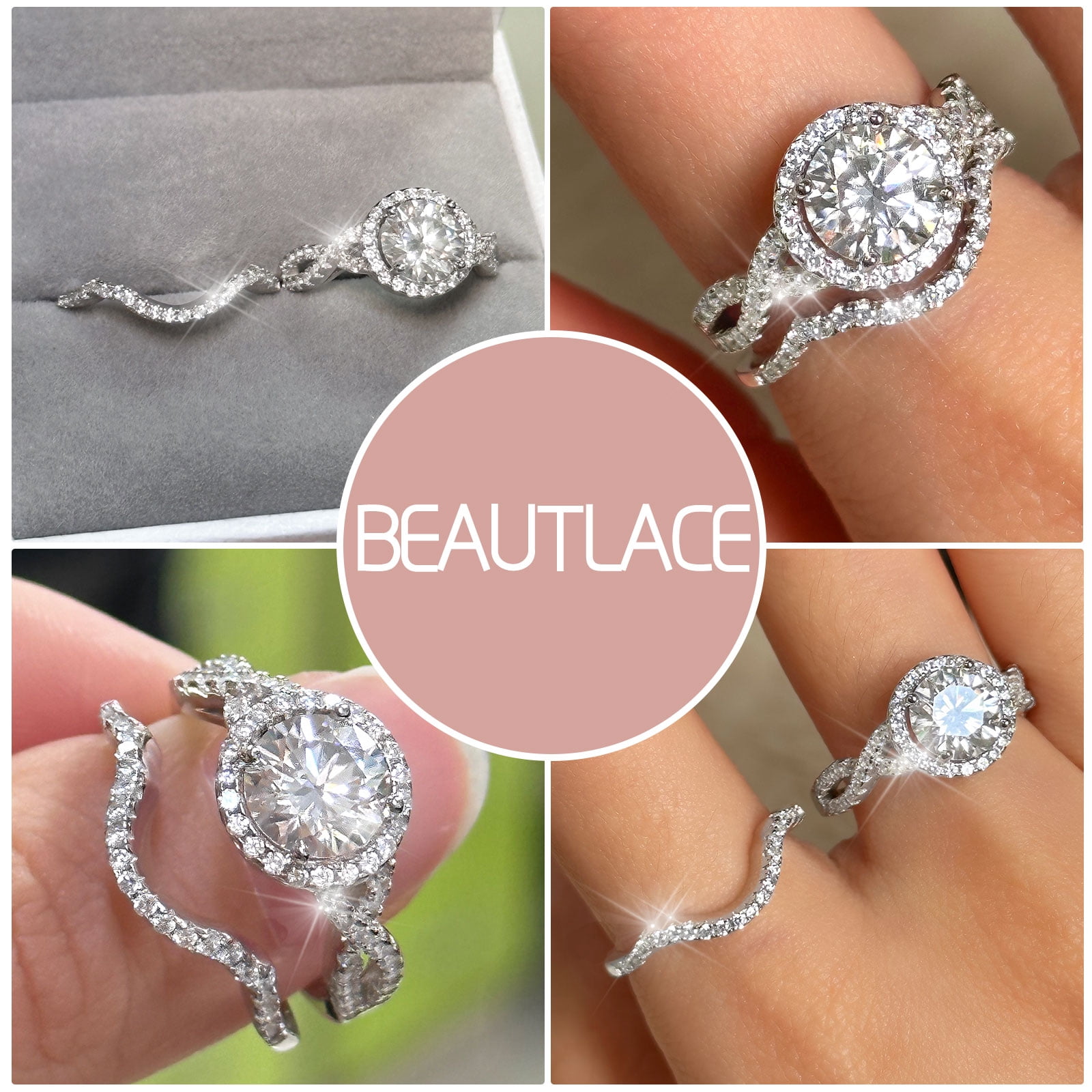 Beautlace 1.5 Ct Infinity Moissanite Engagement Ring Set,Sterling Silver Wedding Bridal Rings for Women ,Size 9