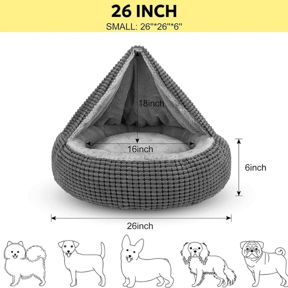 Dog Bed with Attached Blanket for Small Dogs or Cats, Soft Plush Cozy Donut Cuddler Hooded Pet Beds Washable. Round Puppy Bed Orthopedic, Calming Cat Cave Bed. Anti-Slip Bottom 26inch