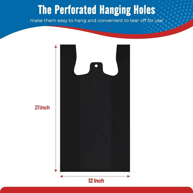 ACSTEP 1000 Count Plastic T-shirt Bags Black 12" x 6.5" x 21"with Handles Shopping Grocery Bags, Black