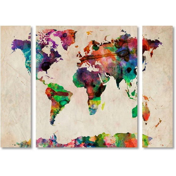 Trademark Fine Art "Watercolor World Map" Canvas Art by Michael Tompsett Three Panel Set