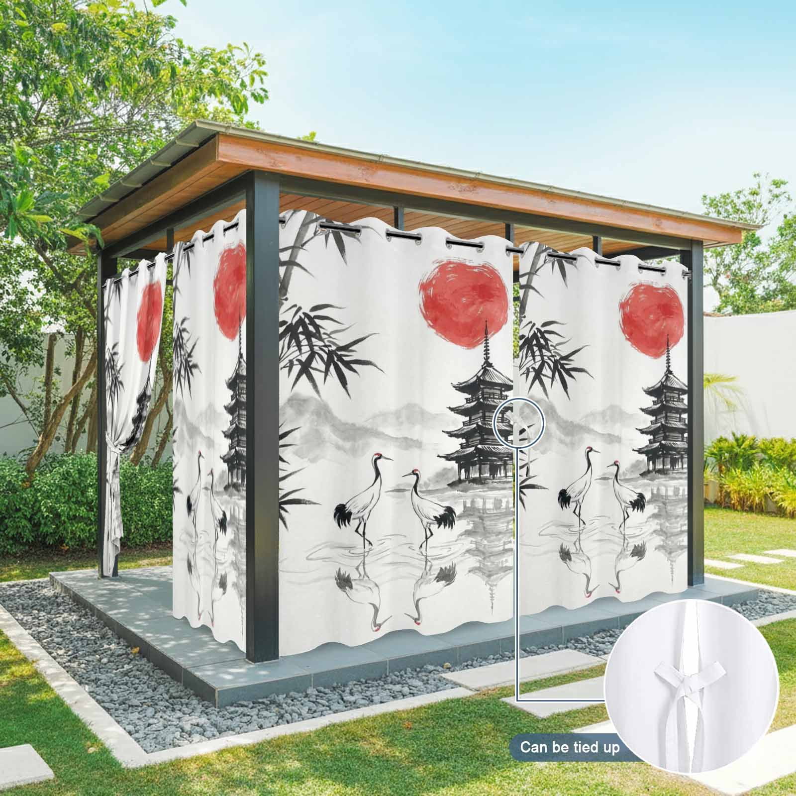 White Crane Outdoor Curtains for Patio, Ink Wash Gray Black Bamboos Trees Japanese Pagoda Red Sun Sunshade Privacy Drapes Grommet Waterproof Outside Curtains for Porch Balcony 54"x108", 1 Panel