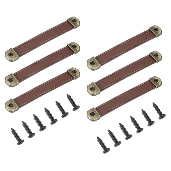 Uxcell 5.6" Leather Drawer Pulls with Iron Sheet, 6 Pcs Leather Strap Trunk Handle Knobs with 18mm Screws, Yellow