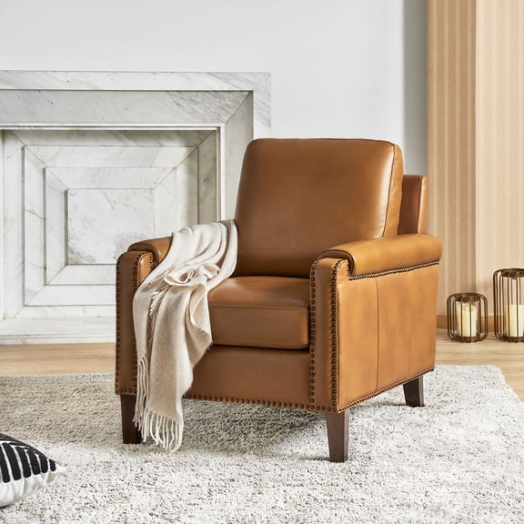 Tina's Home Mid-century Modern Genuine Leather Accent Armchair with Unique Arm Design, Nailhead Trim & Loose Cushion, Living Room / Bedroom Chair, Camel, Assembly Required