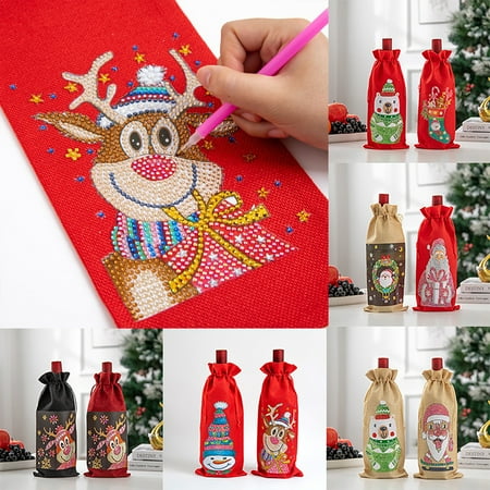 

Wine Gift Bag Creative 5D Fabric DIY Diamond Painting Christmas Wine Bottle Cover for Desktop Beige Fabric Resin