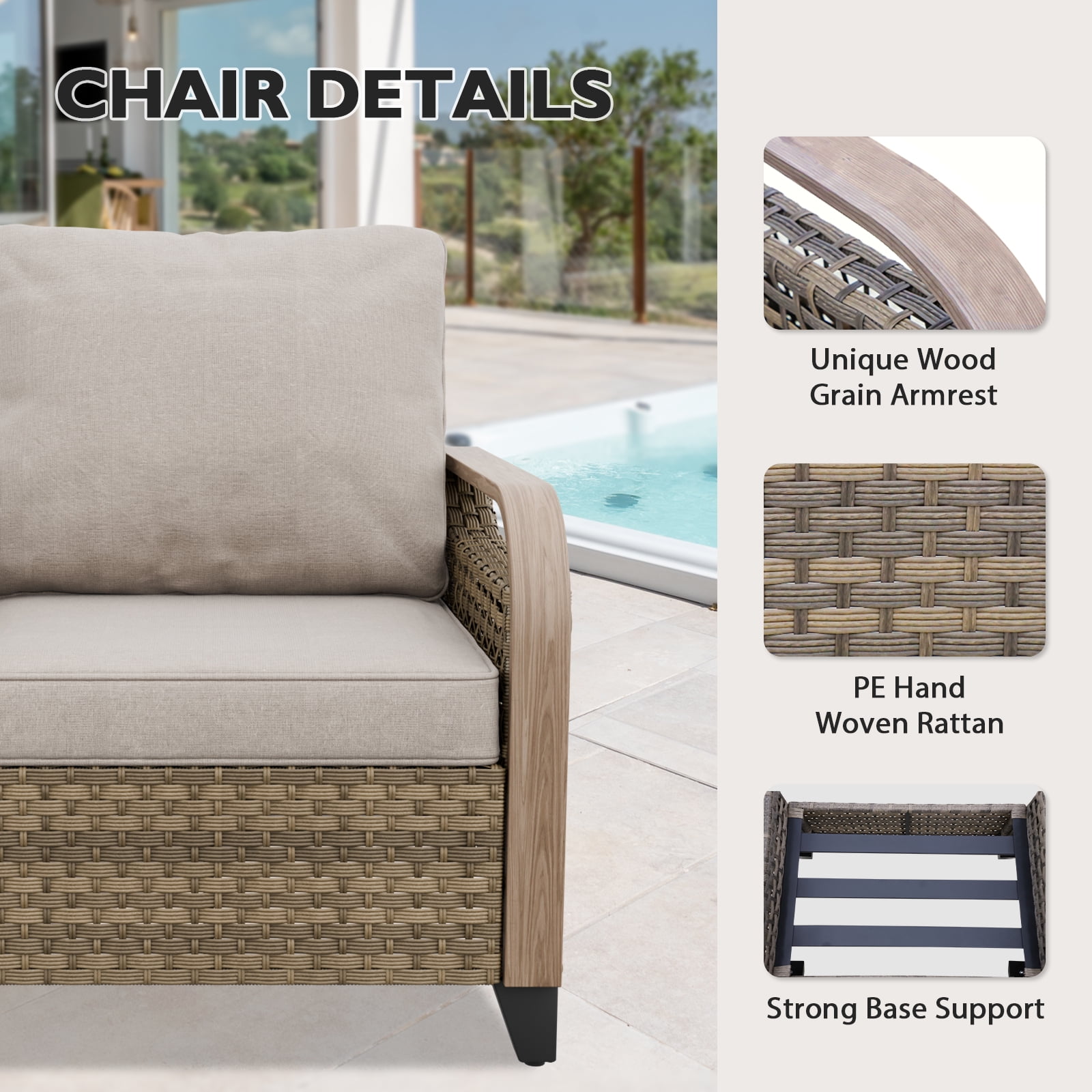 EAGLE PEAK 3 Piece Wicker Outdoor Patio Furniture Set, Patio Set with 2 Seat Loveseat Sofa, and 2 Ottomans, Brown/Beige
