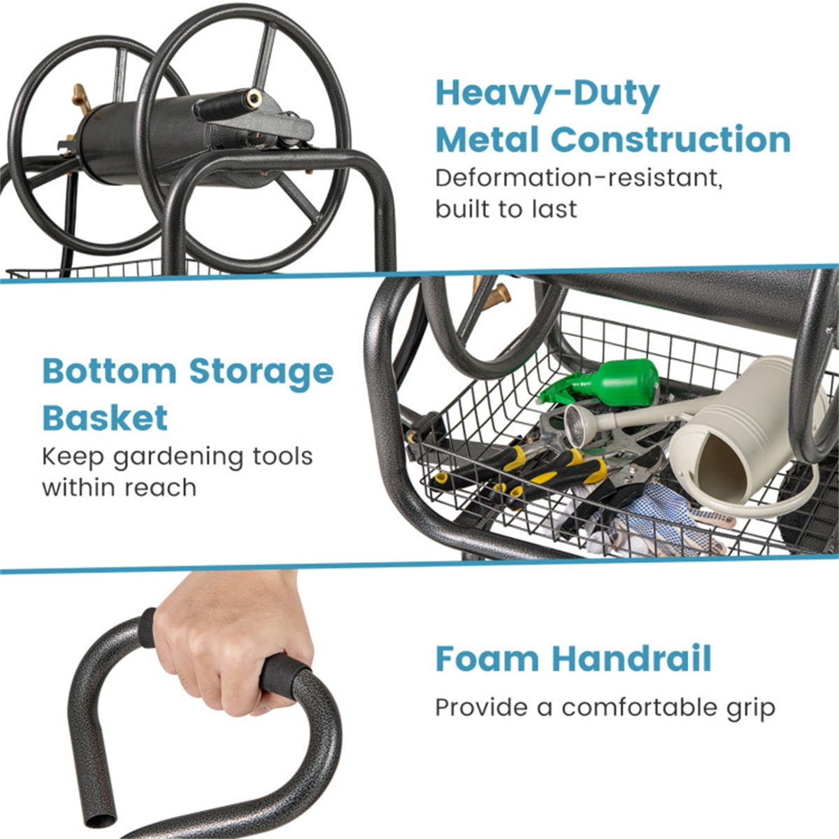 Heavy Duty Garden Hose Reel Cart 10" Pneumatic Wheels Large Capacity Hose Winder with Storage Basket & Brass Fittings Mobile Outdoor Water Hose Holder for Garden Lawn Gray