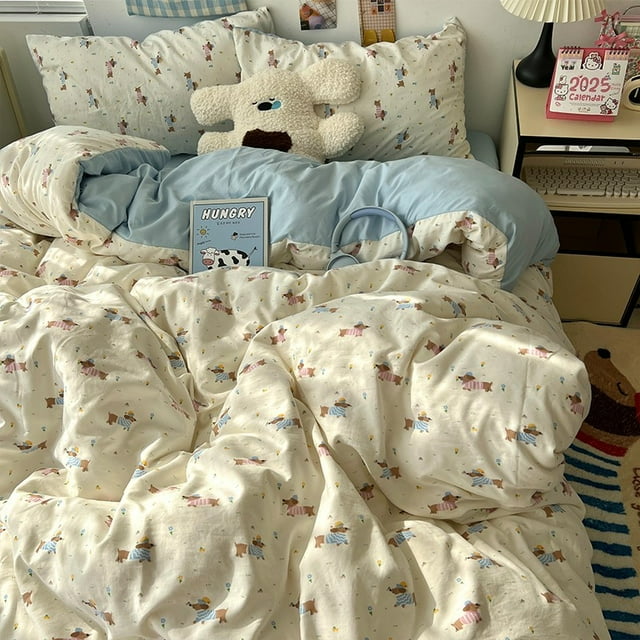 Double Print Waffle Cotton Bedding Set with Duvet Cover Pillowcases for Home