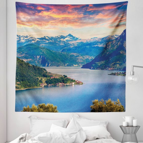 Landscape Tapestry, Bird Eye View Colorful Summer Panorama Warm Sunset Italy Alps Mountains Nature, Fabric Wall Hanging Decor for Bedroom Living Room Dorm, 5 Sizes, Multicolor, by Ambesonne