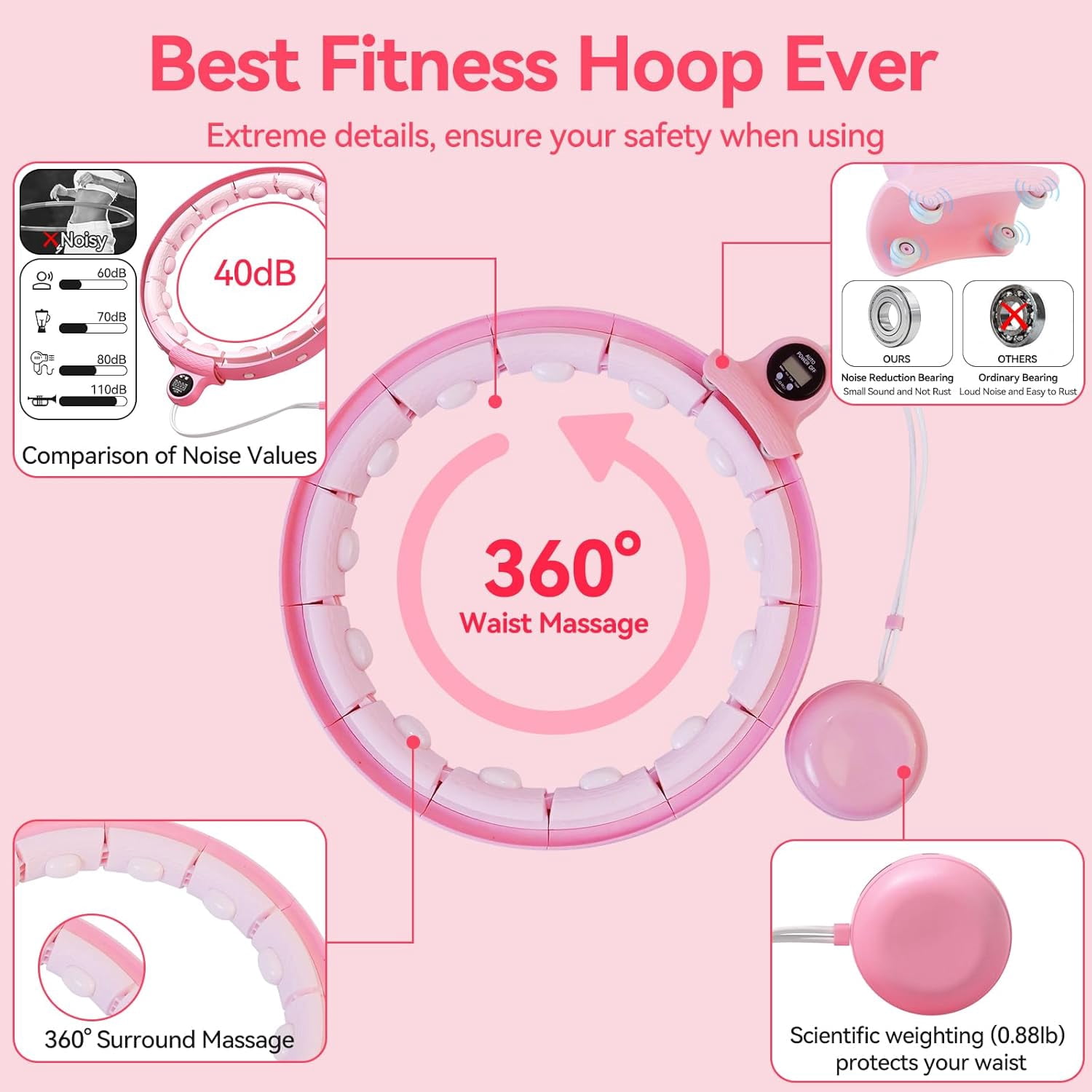Infinity Hoop for Adult Weight Loss, 2 in 1 Smart Fitness Hoop with Counter & Detachable Knots, Weighted Exercise Fit Hoop Suitable for Women and Kids, Pink