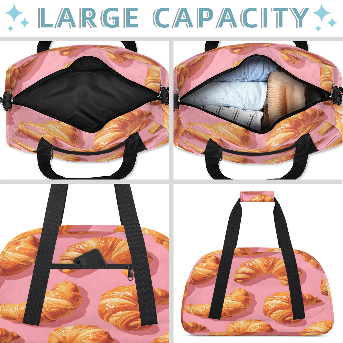 Herdesigns Croissants Sports Duffle Bag for Women & Men, Food Bread Gym Bag Dance Bag Overnight Bag Carry On Weekender Travel Bag