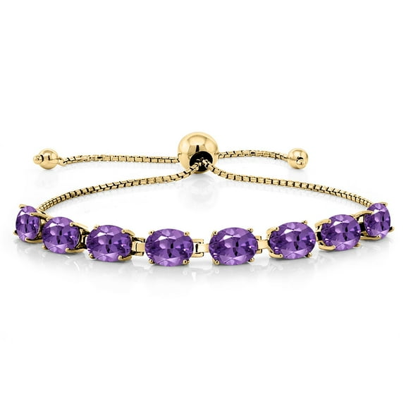 Gem Stone King 18K Yellow Gold Plated Silver Purple Amethyst Tennis Bracelet for Women (6.00 Cttw, Gemstone February Birthstone, Oval 7X5MM, Fully Adjustable up to 9 inch)