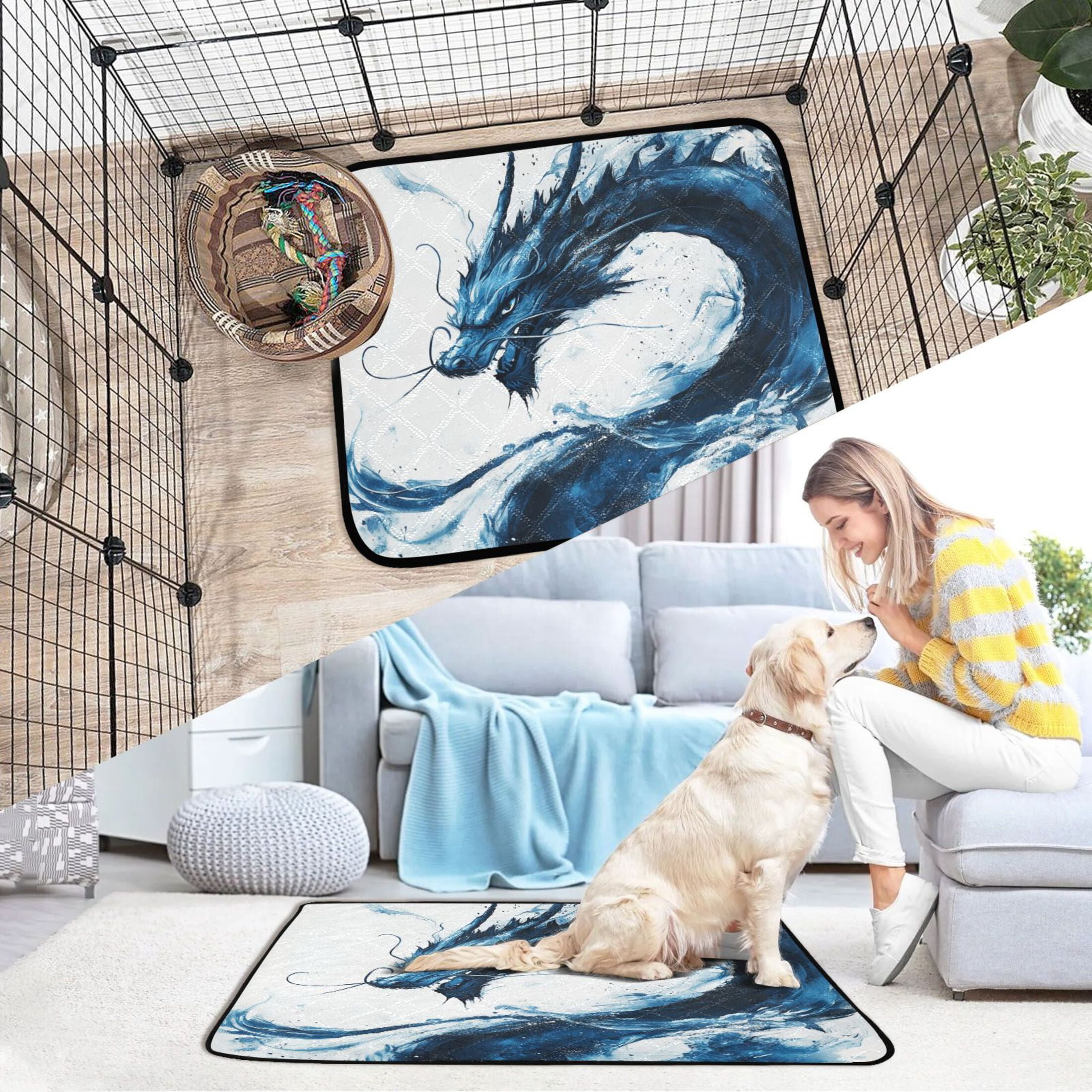 Qxltty Blue Dragon Cat litter Pads Pet Set of 3 Diaper Mats Center Anti-leakage Layer Absorbent Soft and Comfortable