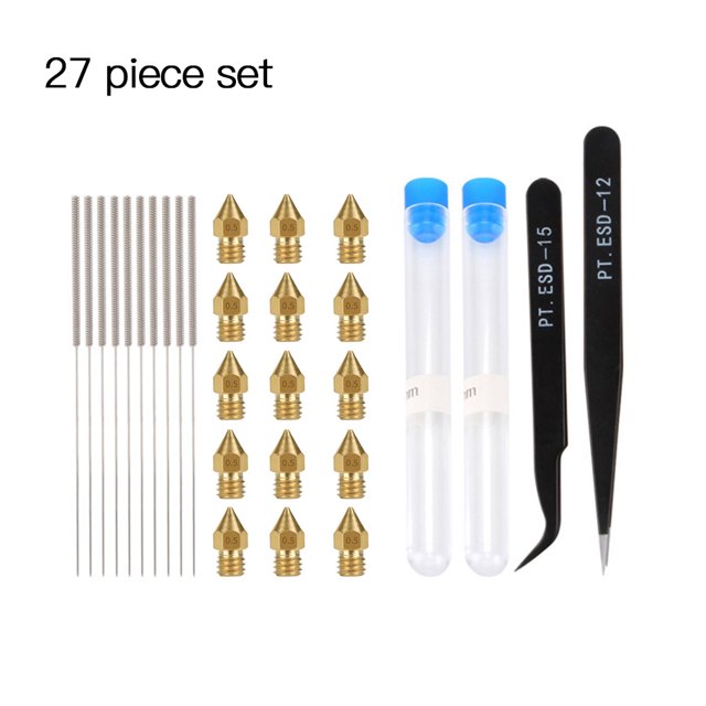 Methold 27 uds. Boquilla de impresora 3D MK8 Kit de cabezales de boquilla de latón cabezales extrusores de limpieza Kit de herramientas de pinzas Impresoras 3D 0.5 mm