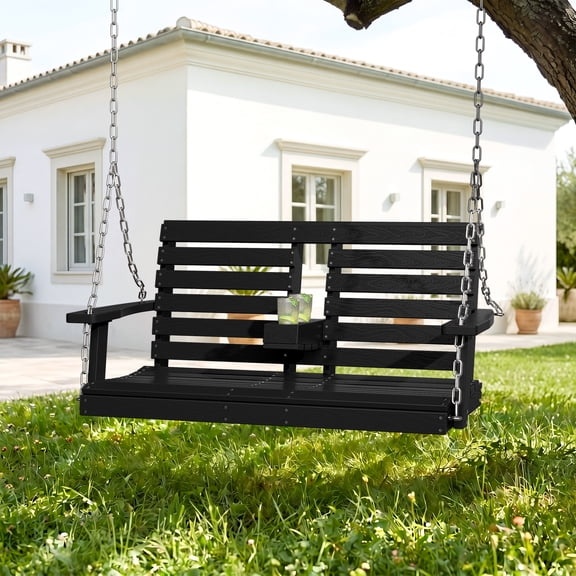 SERWALL HDPE 4-ft Outdoor Porch Swing, Patio Porch Swing with Cup Holders, 660LBS Weight Capacity for Patio, Garden, Black