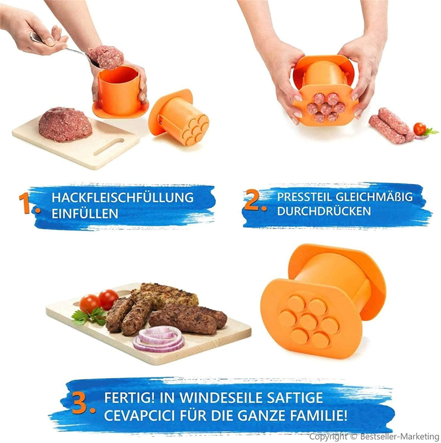 Sausage Hot Dog Maker Meat Strip Squeezer Barbecue Grill Accessories Making Delicious Stuffed Sausages Orange Manual Sausage Maker Hot Dog Maker with 7 Holes One Press Cevapcici Maker