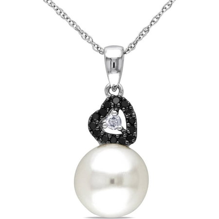 9-9.5mm White Round Cultured Freshwater Pearl and 1/10 Carat T.W. Black and White Diamond 10kt White Gold Heart Pendant, 17