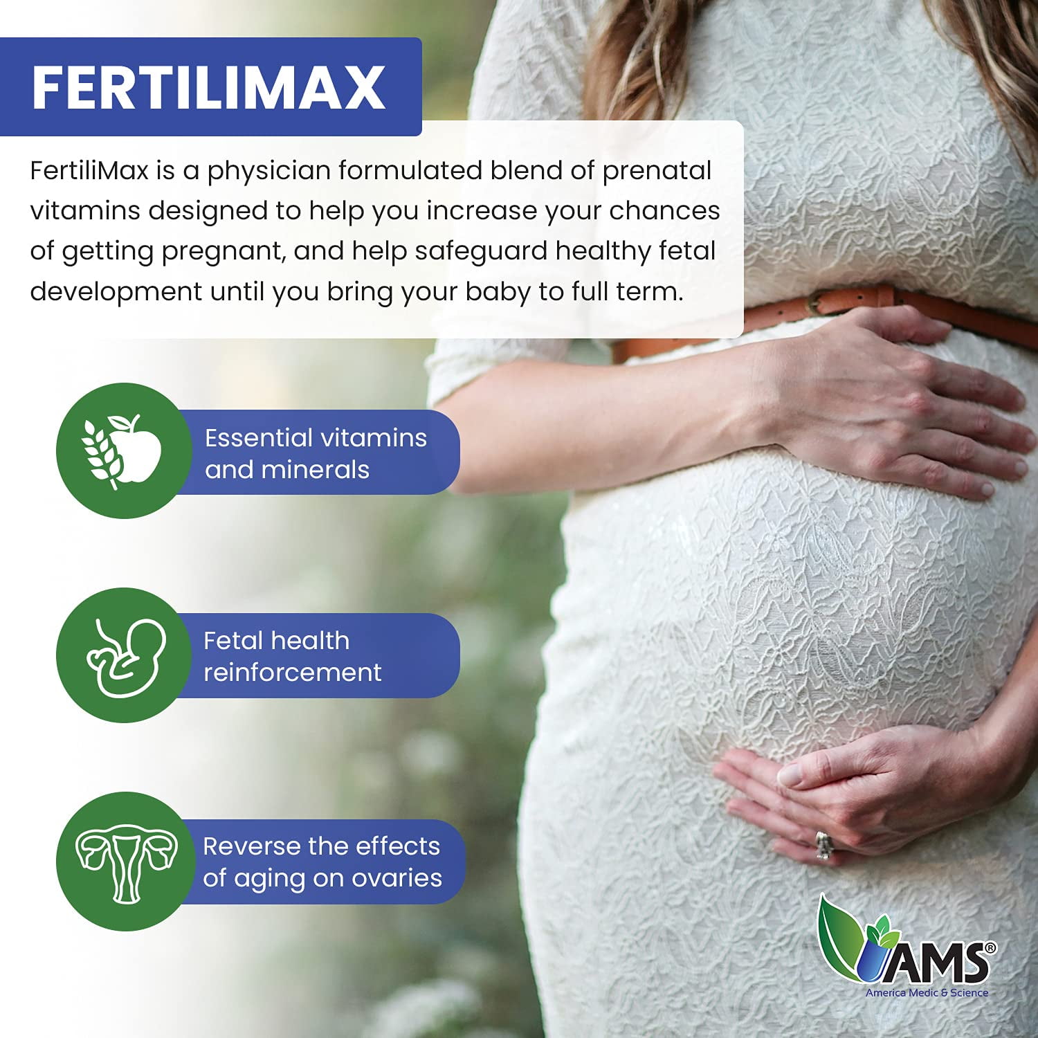 America Medic and Science FertiliMax Women's Fertility Support with Folate CoQ10 DHEA Iron Selenium 90 Capsules