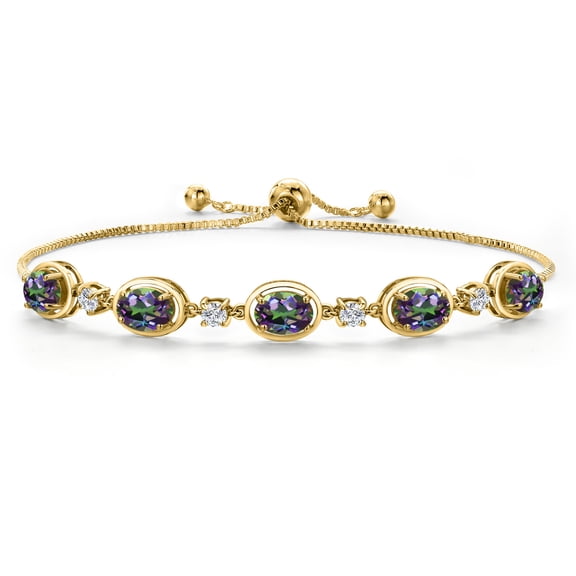 Gem Stone King 18K Yellow Gold Plated Silver Green Mystic Topaz Bracelet for Women | 5.00 Cttw | Gemstone November Birthstone | Oval 7X5MM | Fully Adjustable 9 inch