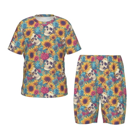 Luyuia colorful Skull sunflower Print Girls  2-Piece Tie-Dye Pajama Set  Cute Summer Loungewear with Shirt and Tank Shorts Nightwear-X-Large