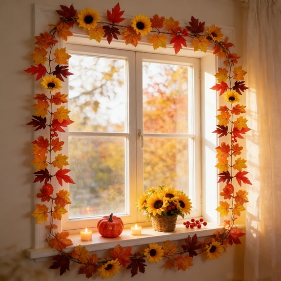 Dongrere Fall Artificial Maple Leaf Garland, Fake Hanging Vine with Sunflower Pumpkin Berry, Autumn Garland for Thanksgiving Christmas Halloween Decor, 39 Inch