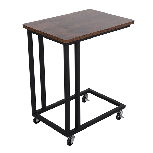 Wooden Side Table with Wheels C Shaped Night Stand for Living Room