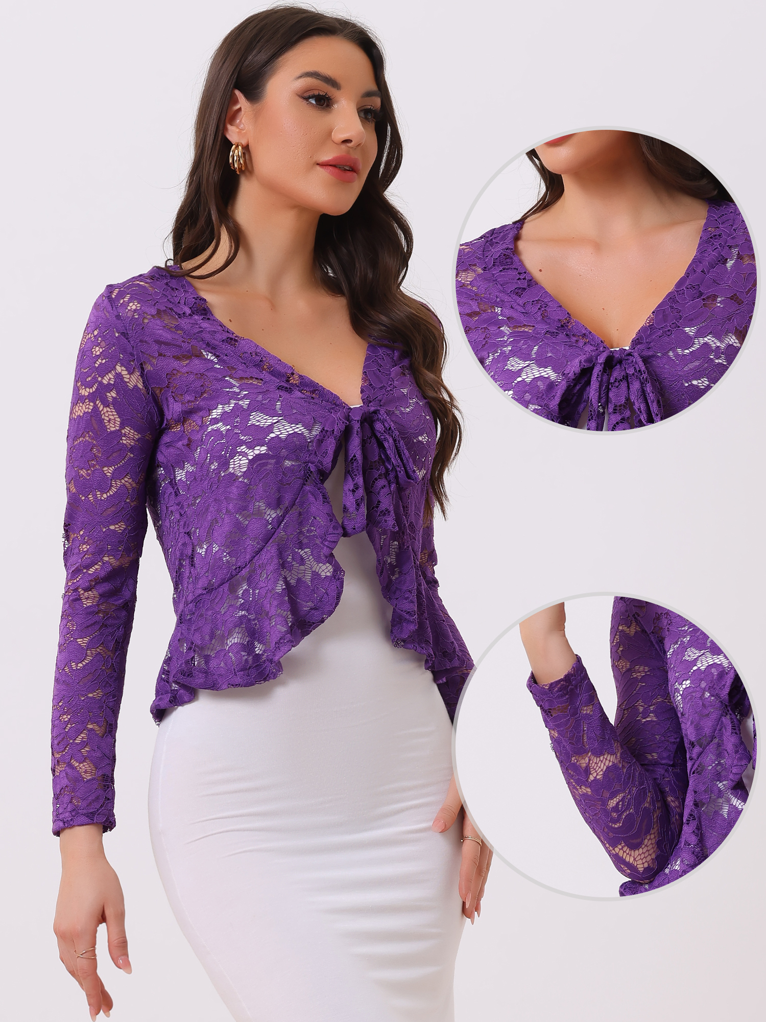 DARING DIVA Women's Ruffled Hem Floral Lace Crop Shrug Cardigan S Violet Purple